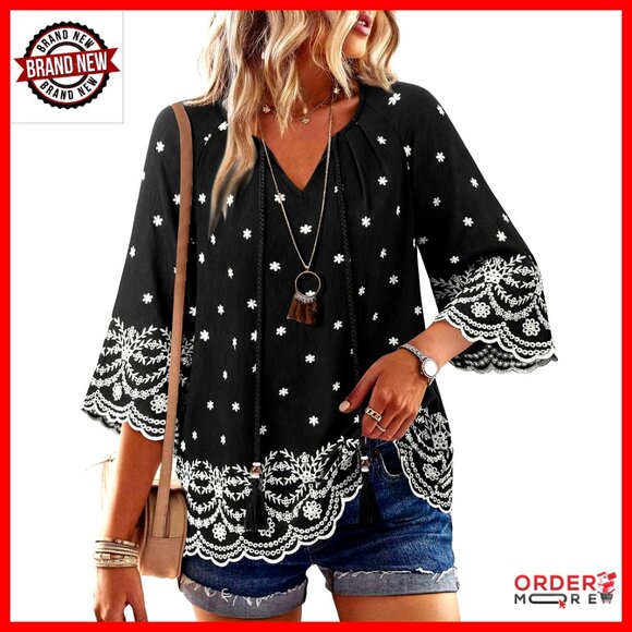 Tops - Boho Embroidered 3/4 Sleeve V-Neck Blouse, Loose Fit Tunic Top for Summer